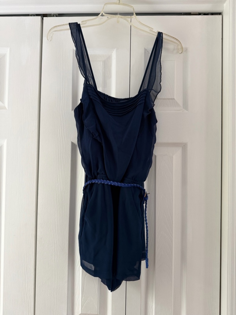 Navy Chiffon Sleeveless Romper with Braided Belt